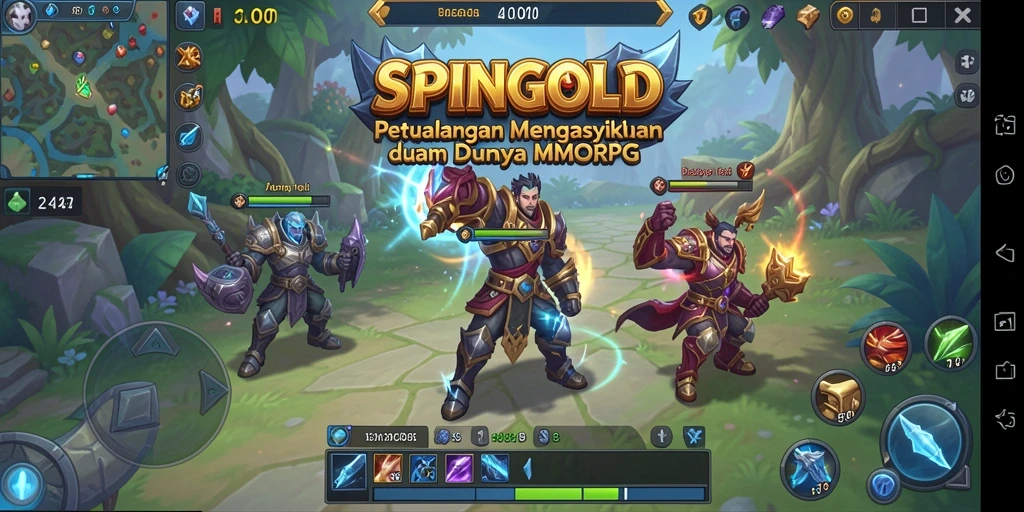 Screenshot SPINGOLD menampilkan karakter melakukan pertempuran epik di dunia fantasi.